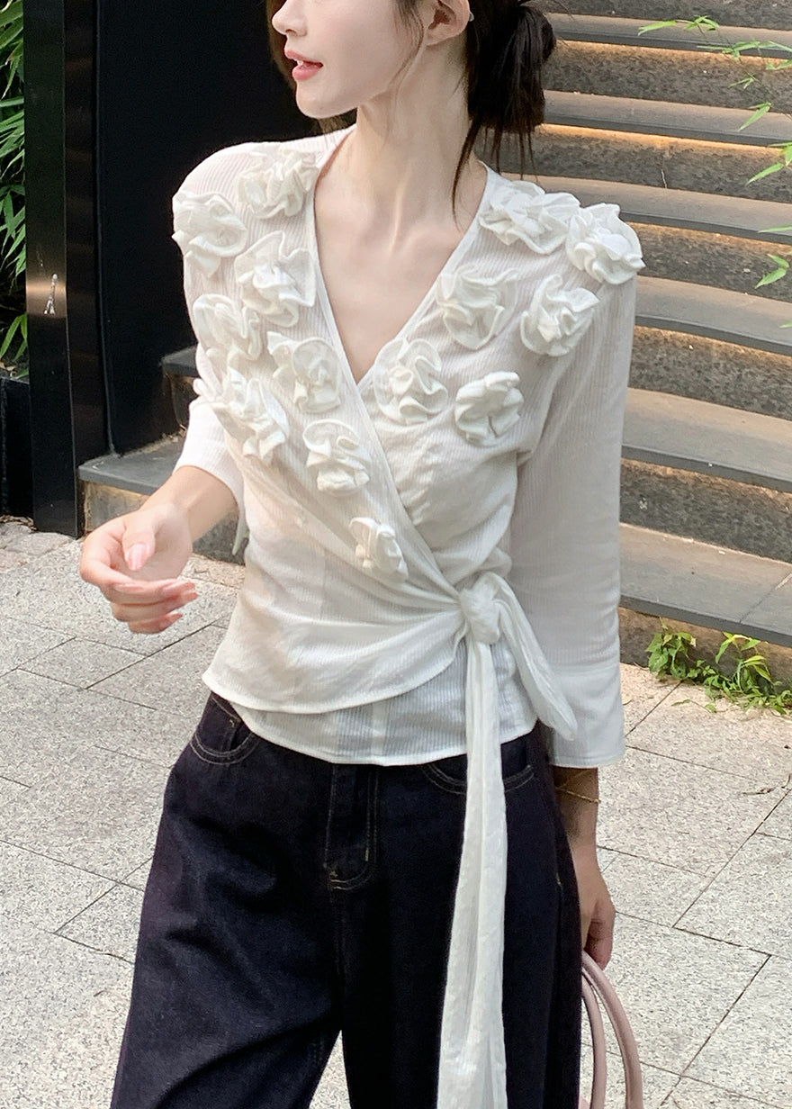 Slim Fit White V Neck Floral lace Up Cotton T Shirt Fall