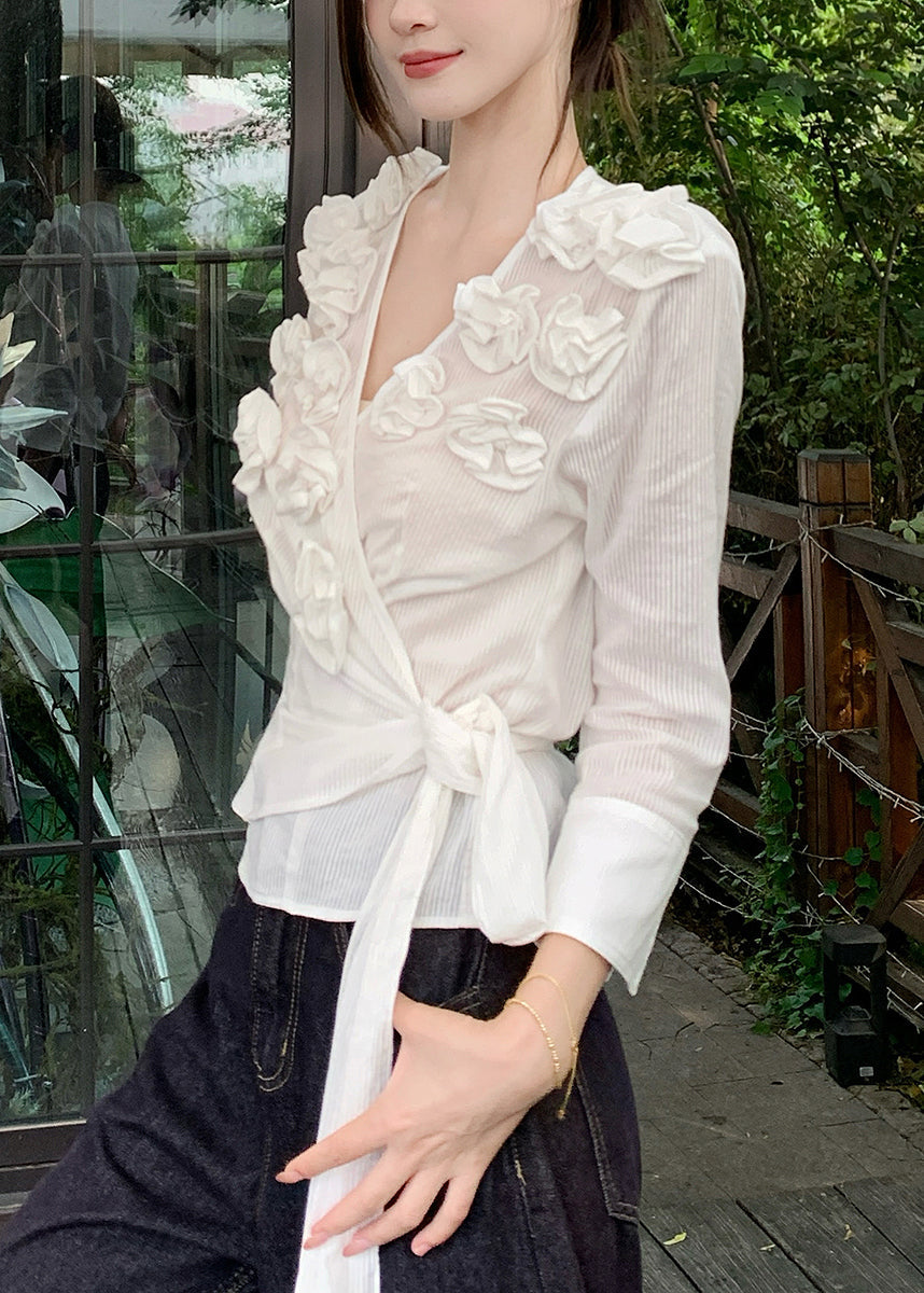 Slim Fit White V Neck Floral lace Up Cotton T Shirt Fall