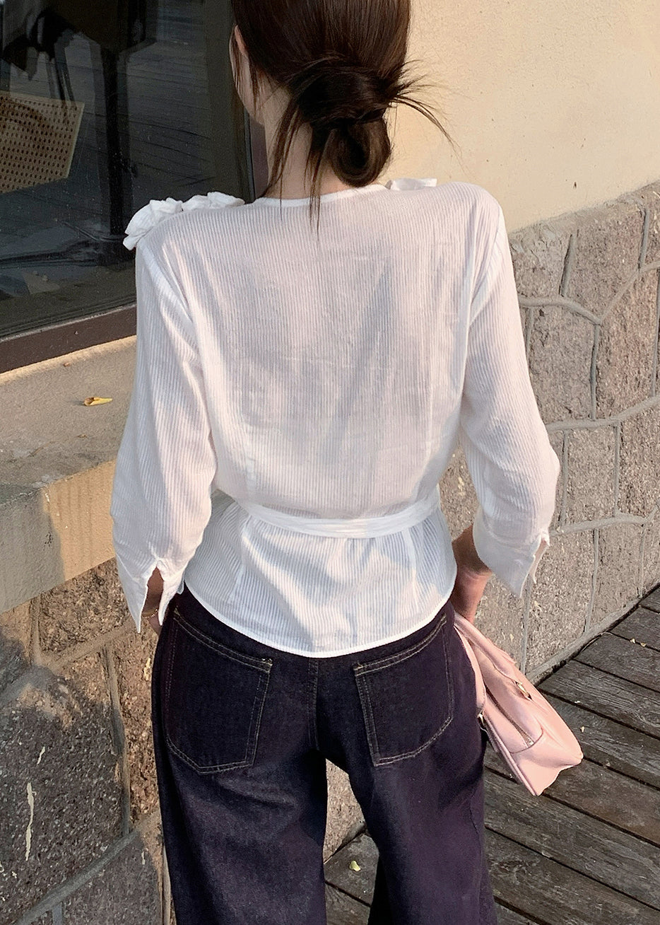 Slim Fit White V Neck Floral lace Up Cotton T Shirt Fall