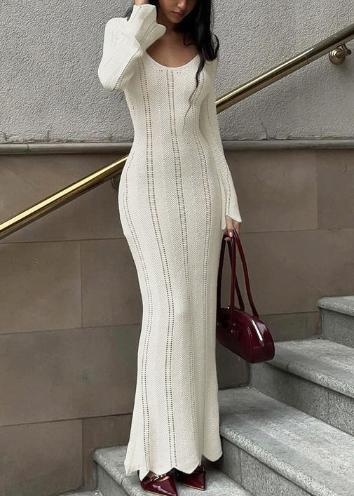 Slim Fit White V Neck Hollow Out Knit Long Dress Spring - Omychic