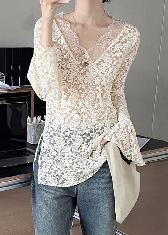 Slim Fit White V Neck Hollow Out Lace Top Flare Sleeve