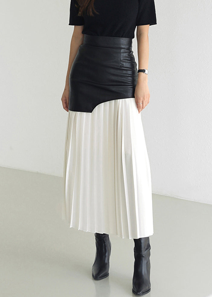 Slim Fit White Wrinkled High Waist Patchwork Faux Leather Skirt Summer