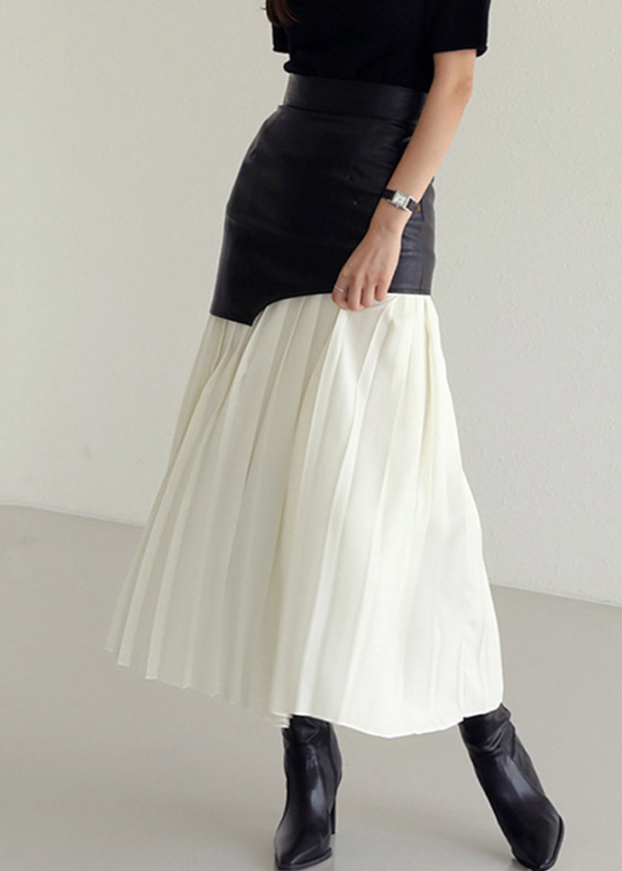 Slim Fit White Wrinkled High Waist Patchwork Faux Leather Skirt Summer