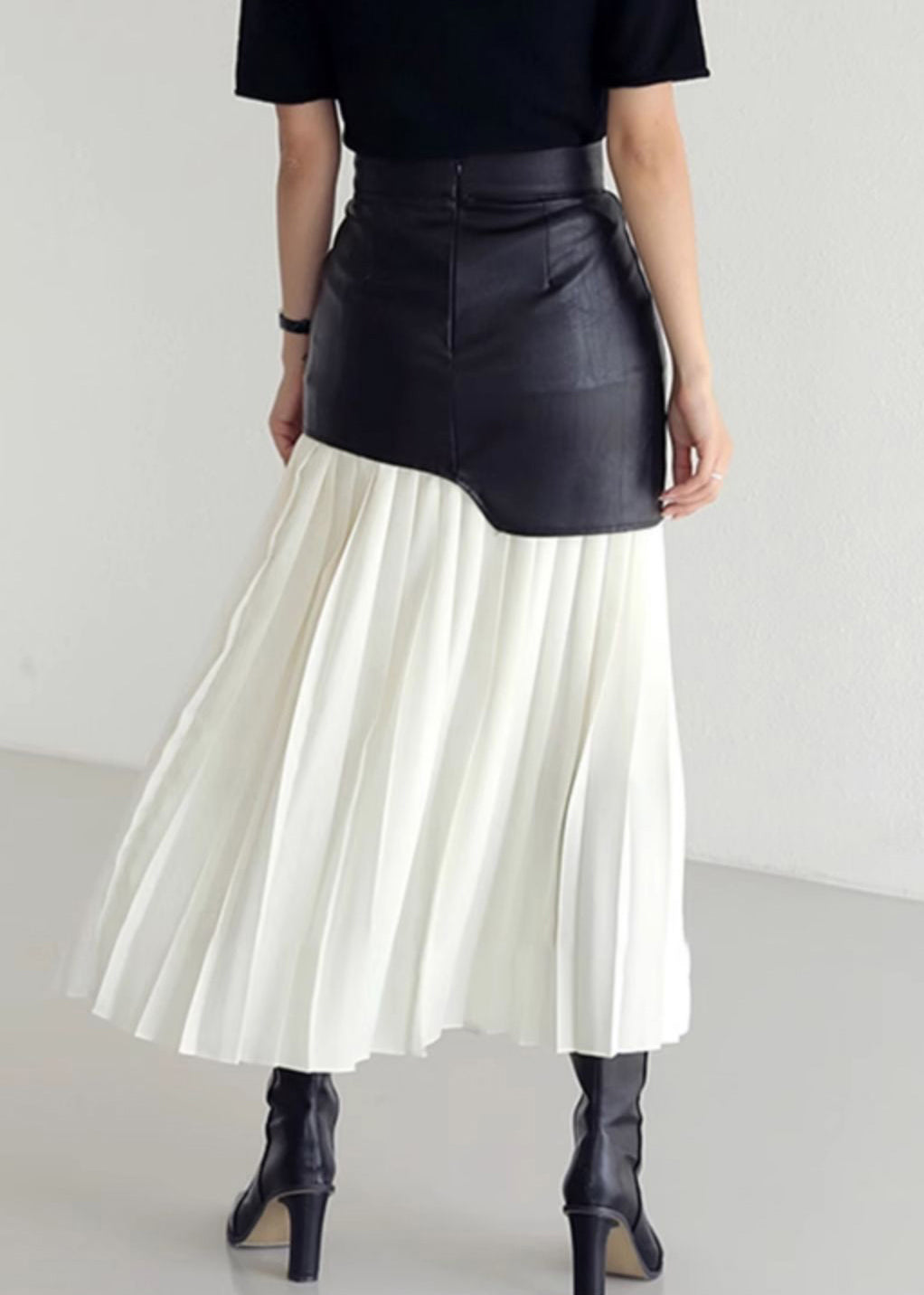 Slim Fit White Wrinkled High Waist Patchwork Faux Leather Skirt Summer