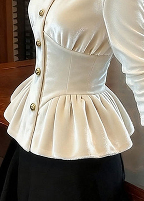 Slim Fit White Wrinkled High Waist Silk Velour Shirts Winter