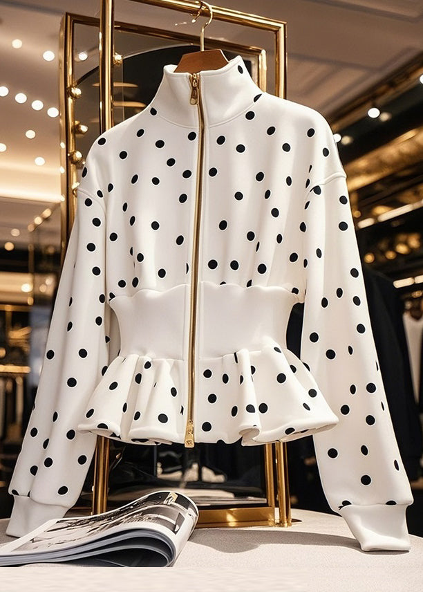 Slim Fit White Zip Up Dot Cotton Coats Fall