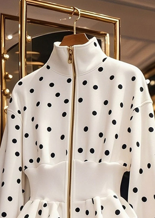 Slim Fit White Zip Up Dot Cotton Coats Fall