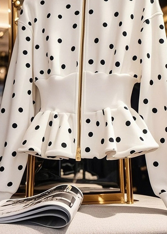 Slim Fit White Zip Up Dot Cotton Coats Fall