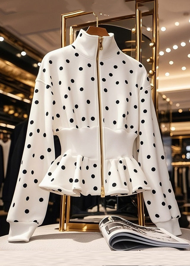 Slim Fit White Zip Up Dot Cotton Coats Fall