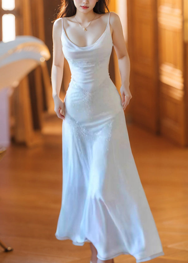 Slim Fit White Zircon Tunic Long Spaghetti Strap Dress Sleeveless