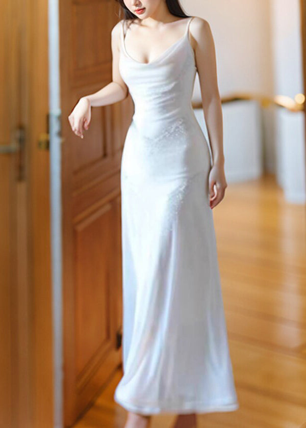 Slim Fit White Zircon Tunic Long Spaghetti Strap Dress Sleeveless