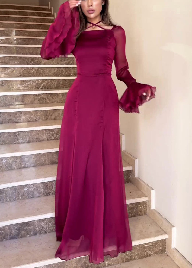 Slim Fit Wine Red Square Collar Solid Chiffon Dress Flare Sleeve