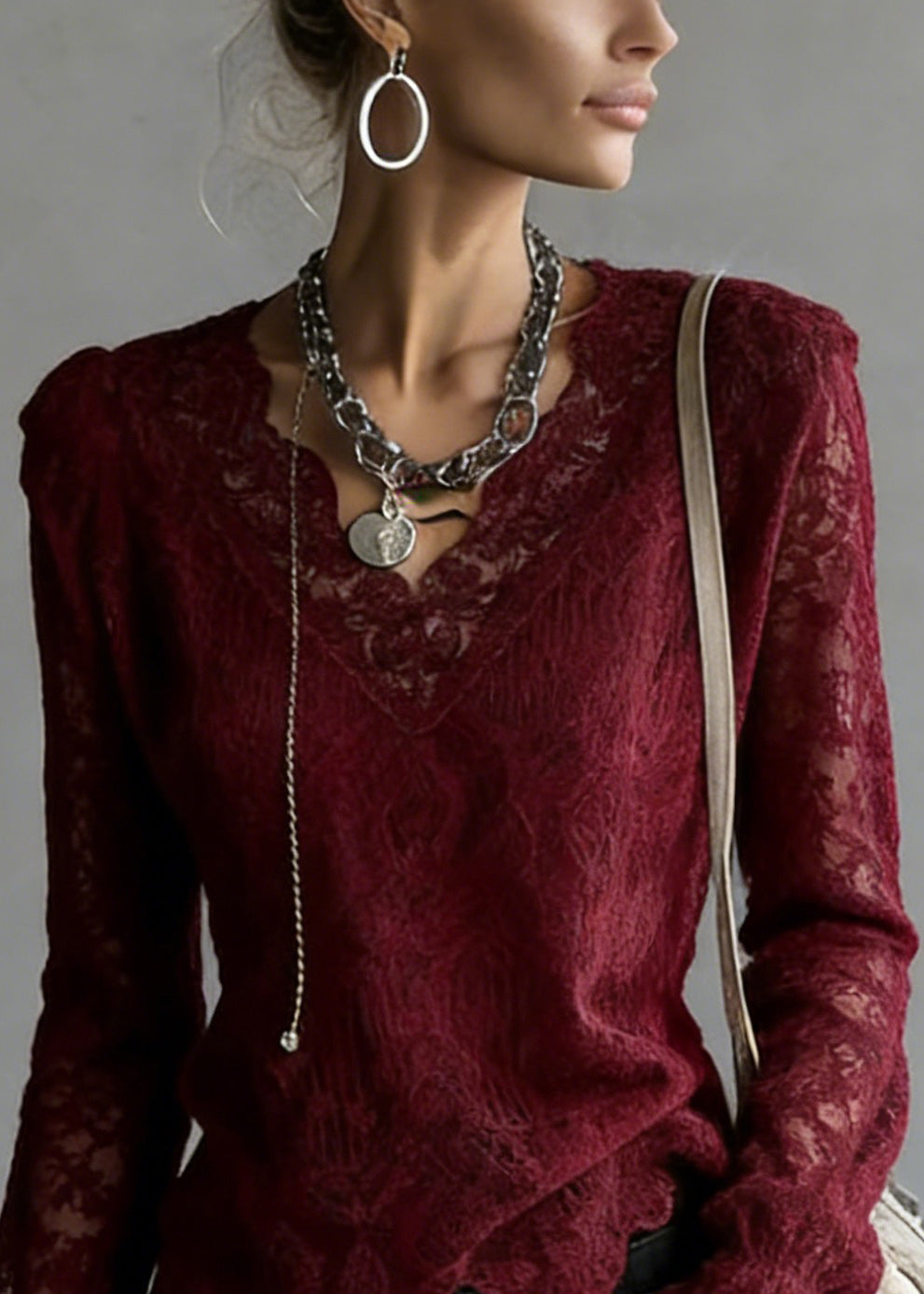 Slim Fit Wine Red V Neck Solid Top Flare Sleeve