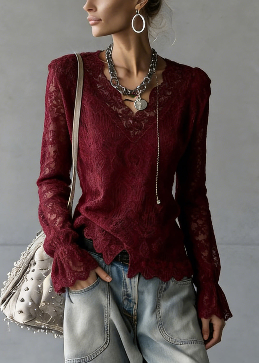 Slim Fit Wine Red V Neck Solid Top Flare Sleeve