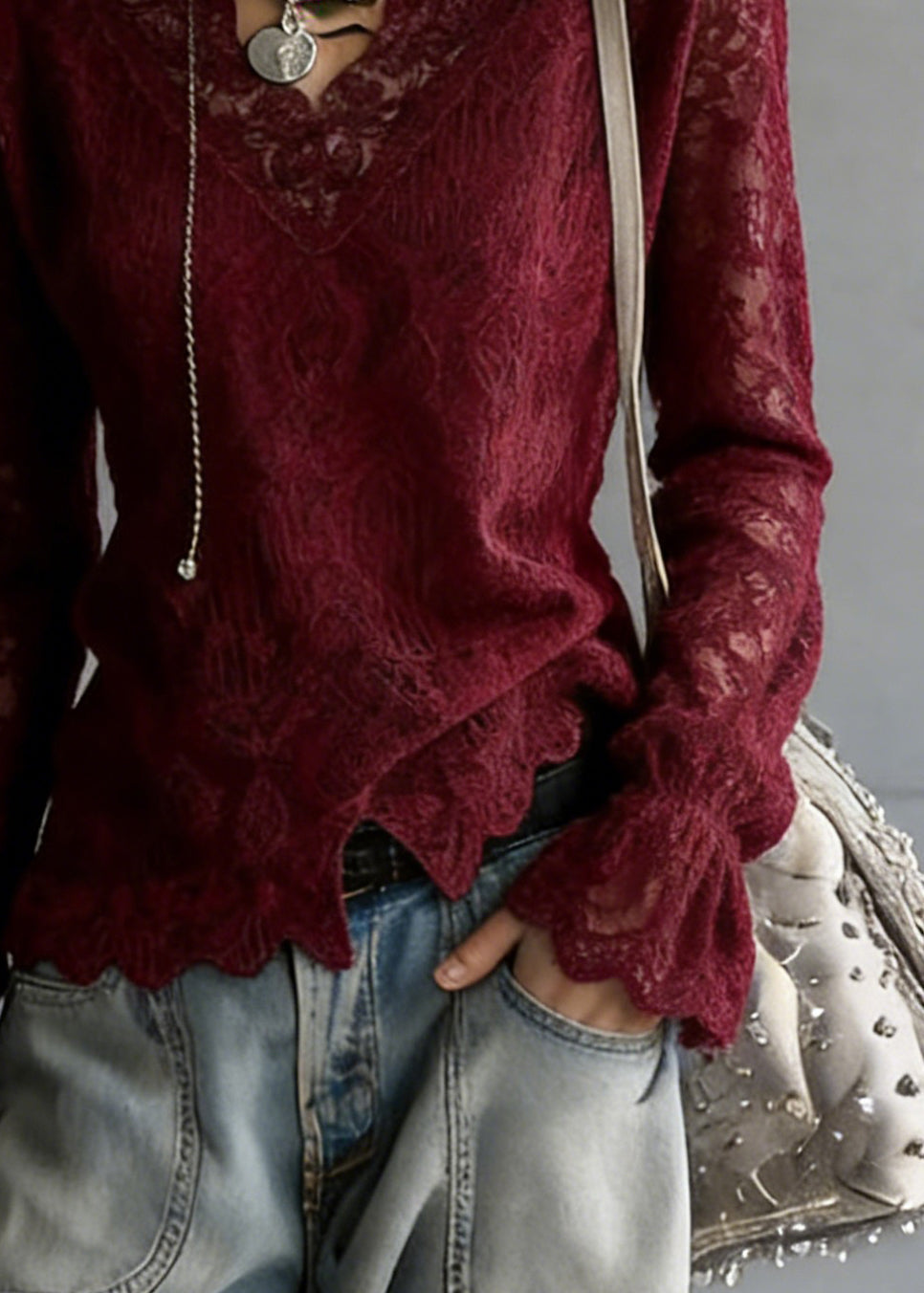 Slim Fit Wine Red V Neck Solid Top Flare Sleeve