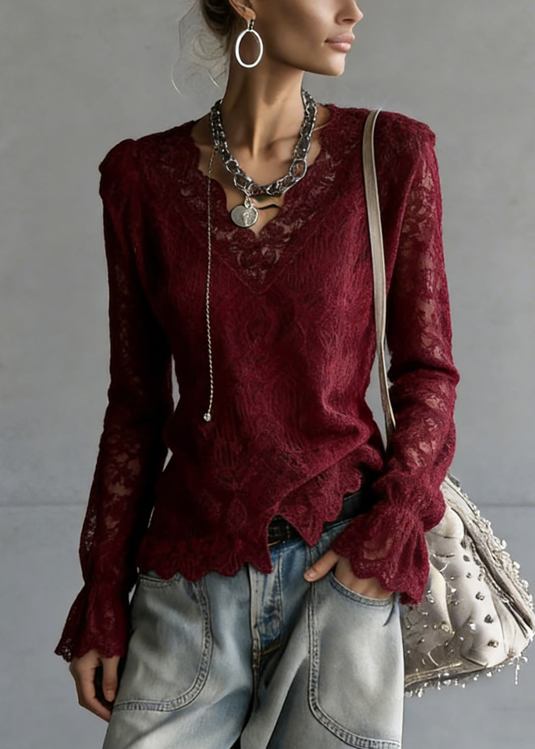 Slim Fit Wine Red V Neck Solid Top Flare Sleeve