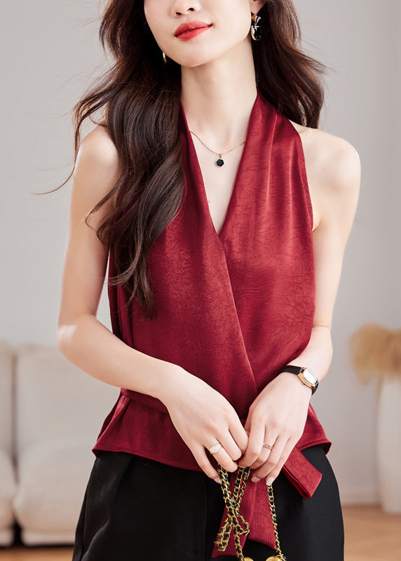 Slim Fit Wine Red V Neck Tie Waist Silk Tank Sleeveless