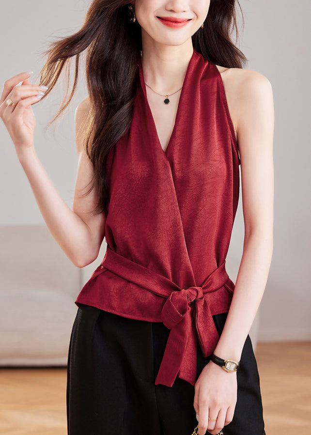Slim Fit Wine Red V Neck Tie Waist Silk Tank Sleeveless
