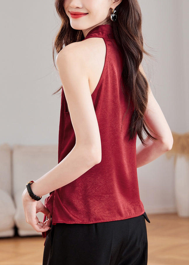 Slim Fit Wine Red V Neck Tie Waist Silk Tank Sleeveless