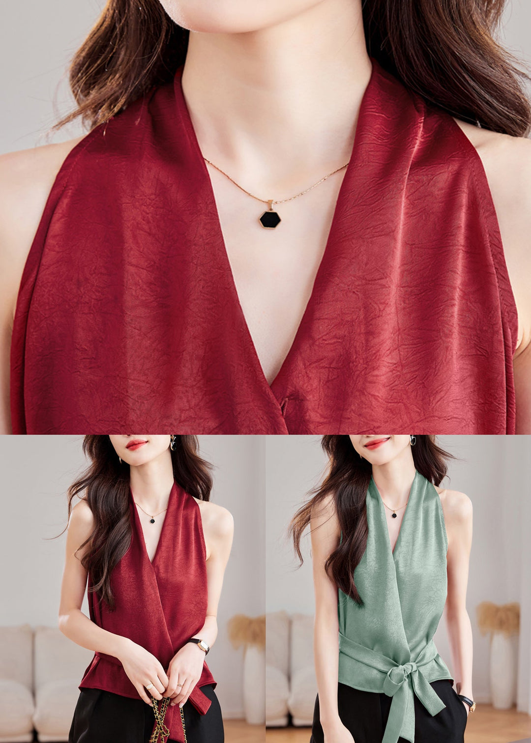 Slim Fit Wine Red V Neck Tie Waist Silk Tank Sleeveless