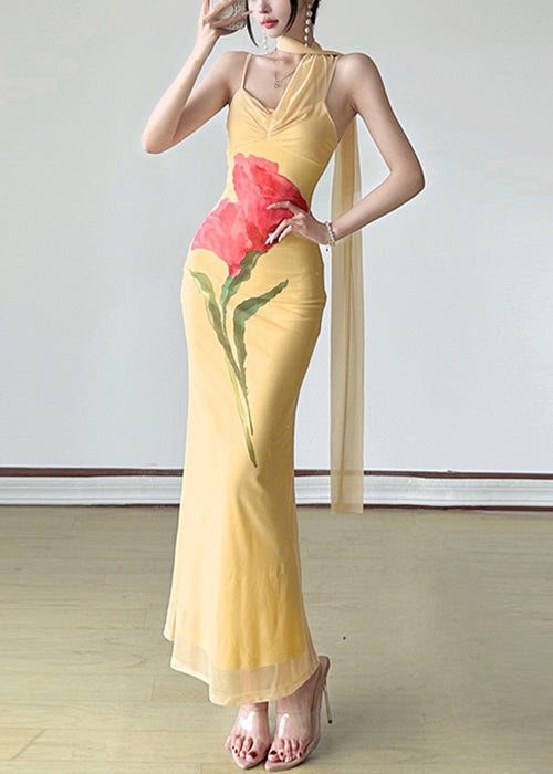 Slim Fit Yellow Bow Print Tulle Spaghetti Strap Dress Sleeveless