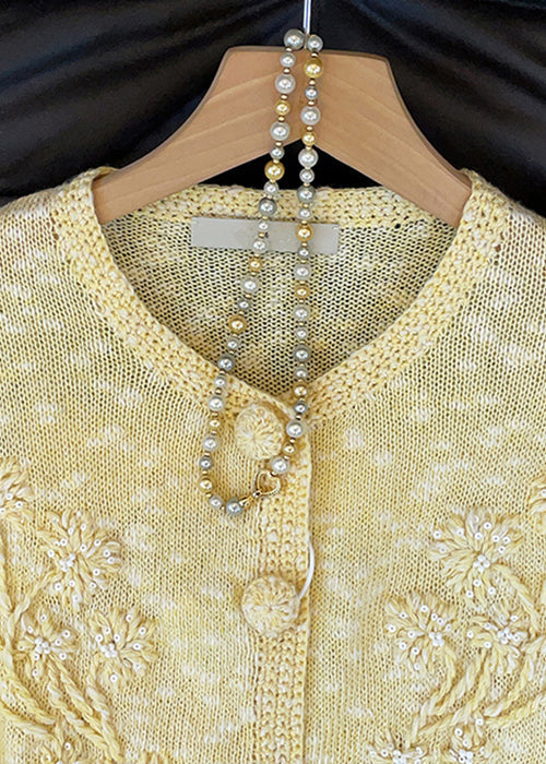 Slim Fit Yellow Embroidered Button Cozy Knit Cardigan Fall