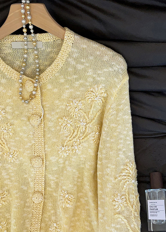 Slim Fit Yellow Embroidered Button Cozy Knit Cardigan Fall
