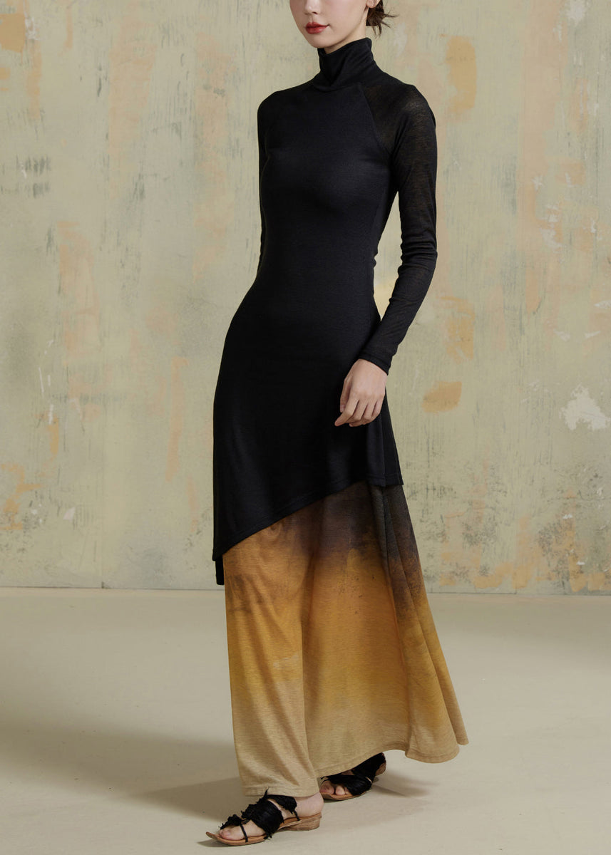 Slim Fit Yellow Gradient Hign Neck Patchwork Cotton Robe Dresses Fall ...