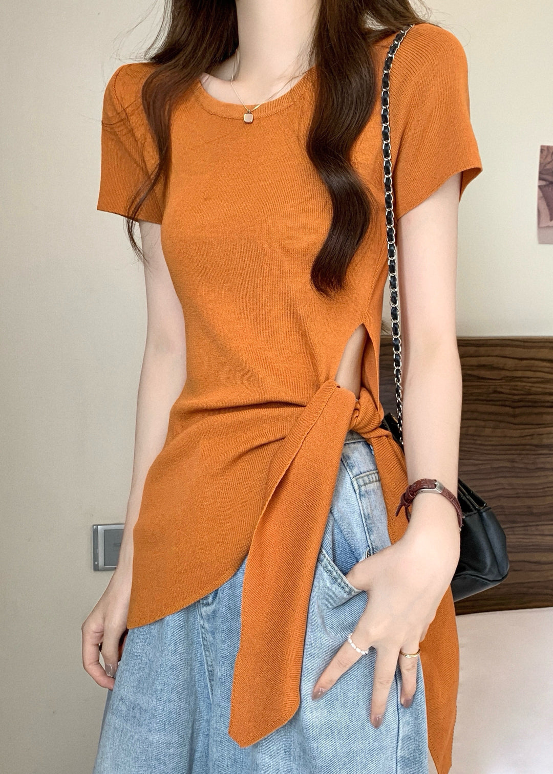 Slim Fit Yellow O-Neck Asymmetrical Hollow Out Bow Top Summer