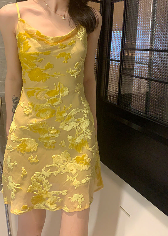 Slim Fit Yellow O Neck Solid Silk Spaghetti Strap Dress Sleeveless
