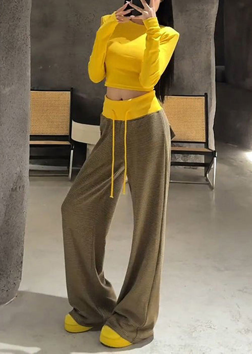 Slim Fit Yellow O Neck T Shirts And Striped Elastic Waist Pants Cotton Two Pieces Set Fall
