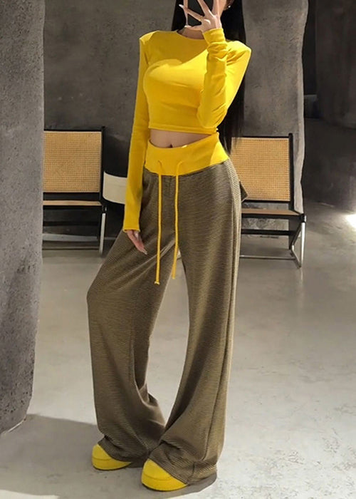 Slim Fit Yellow O Neck T Shirts And Striped Elastic Waist Pants Cotton Two Pieces Set Fall