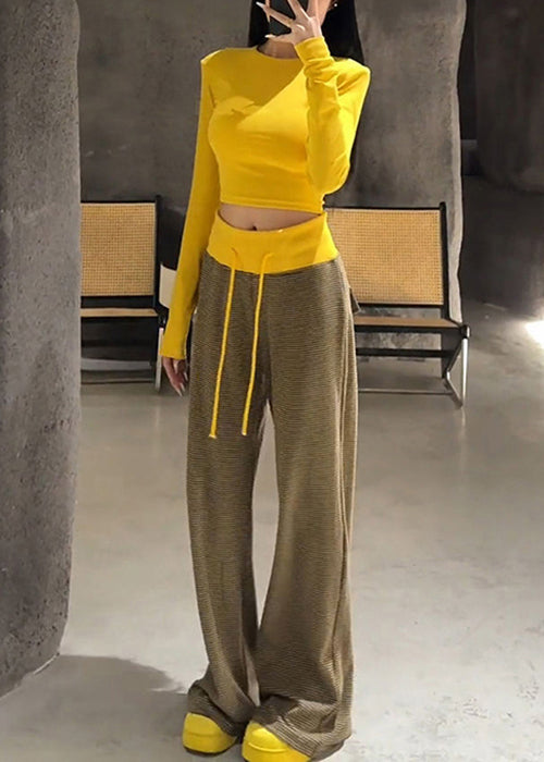 Slim Fit Yellow O Neck T Shirts And Striped Elastic Waist Pants Cotton Two Pieces Set Fall