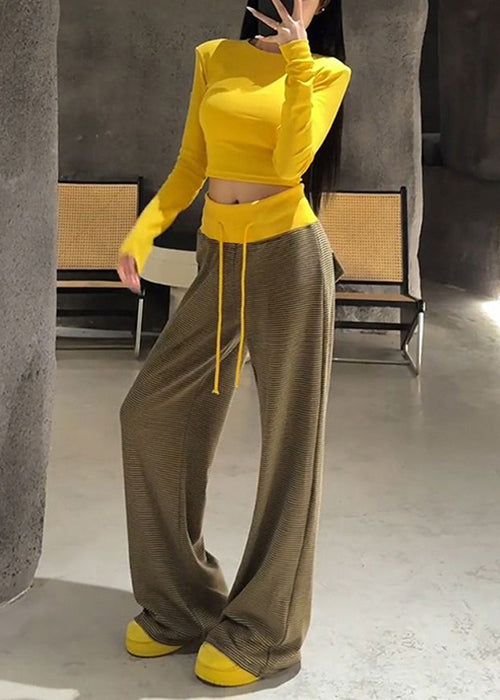 Slim Fit Yellow O Neck T Shirts And Striped Elastic Waist Pants Cotton Two Pieces Set Fall