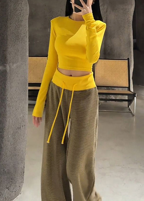 Slim Fit Yellow O Neck T Shirts And Striped Elastic Waist Pants Cotton Two Pieces Set Fall