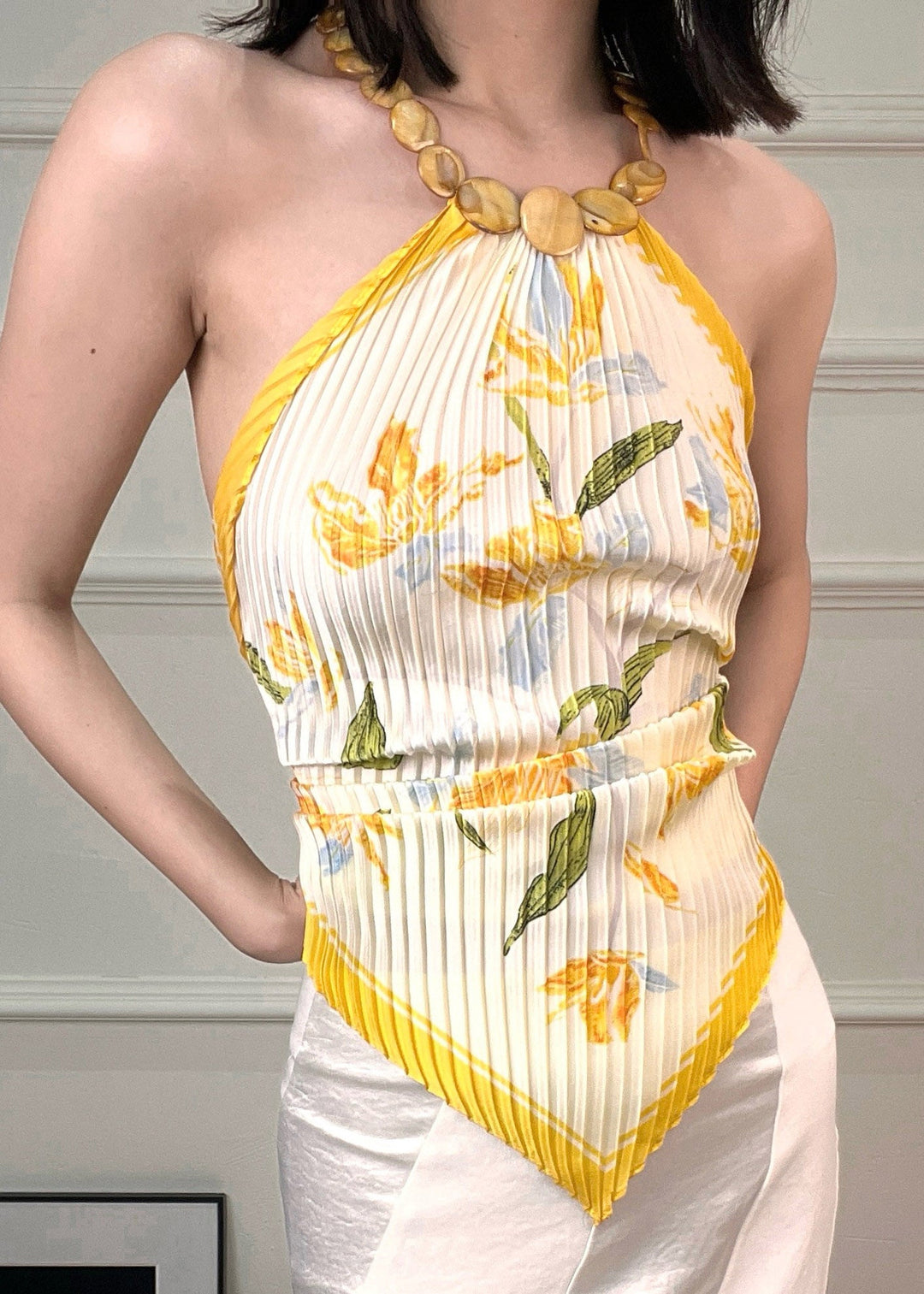 Slim Fit Yellow Print Wrinkled Backless Scarves Tops Sleeveless