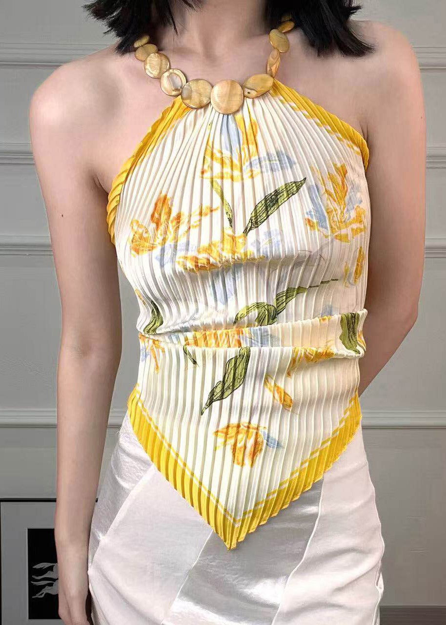 Slim Fit Yellow Print Wrinkled Backless Scarves Tops Sleeveless
