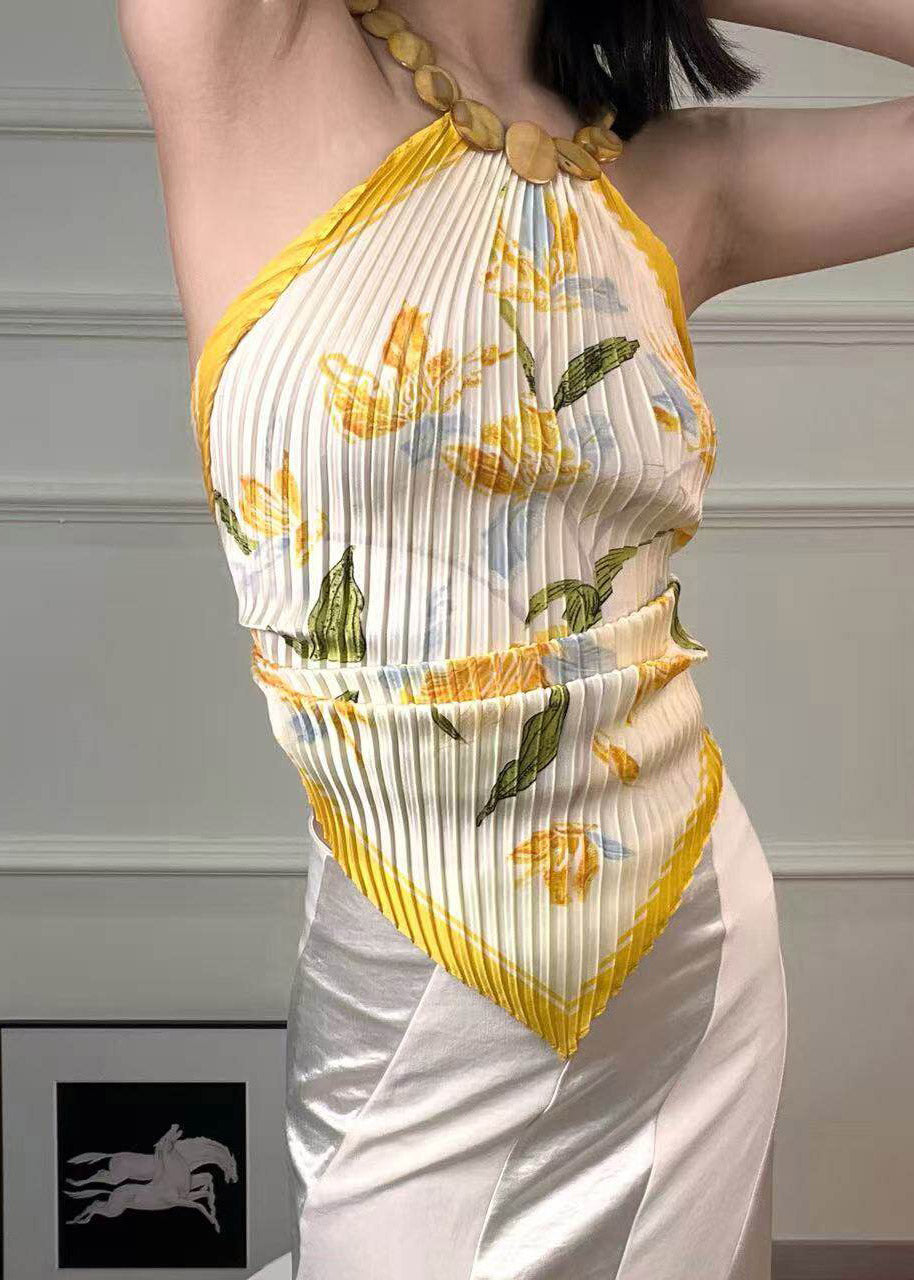 Slim Fit Yellow Print Wrinkled Backless Scarves Tops Sleeveless