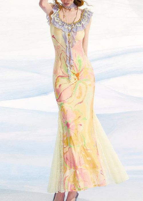 Slim Fit Yellow Ruffled Print Patchwork Tulle Long Dress Sleeveless