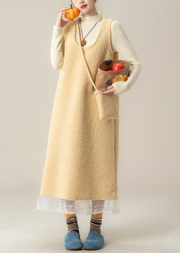 Slim Fit Yellow U Neck Back Side Open Lace Patchwork Woolen Two Pieces Set Fall