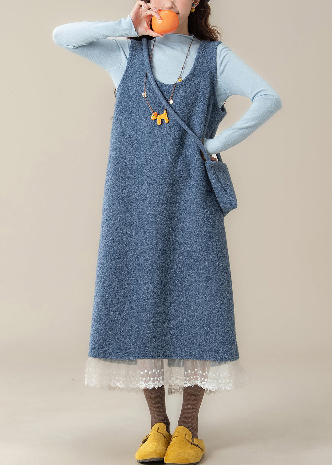 Slim Fit Yellow U Neck Back Side Open Lace Patchwork Woolen Two Pieces Set Fall