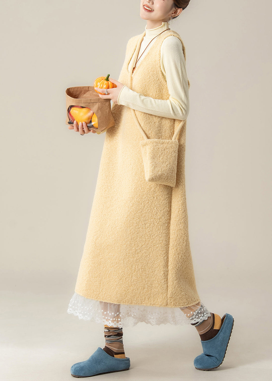 Slim Fit Yellow U Neck Back Side Open Lace Patchwork Woolen Two Pieces Set Fall