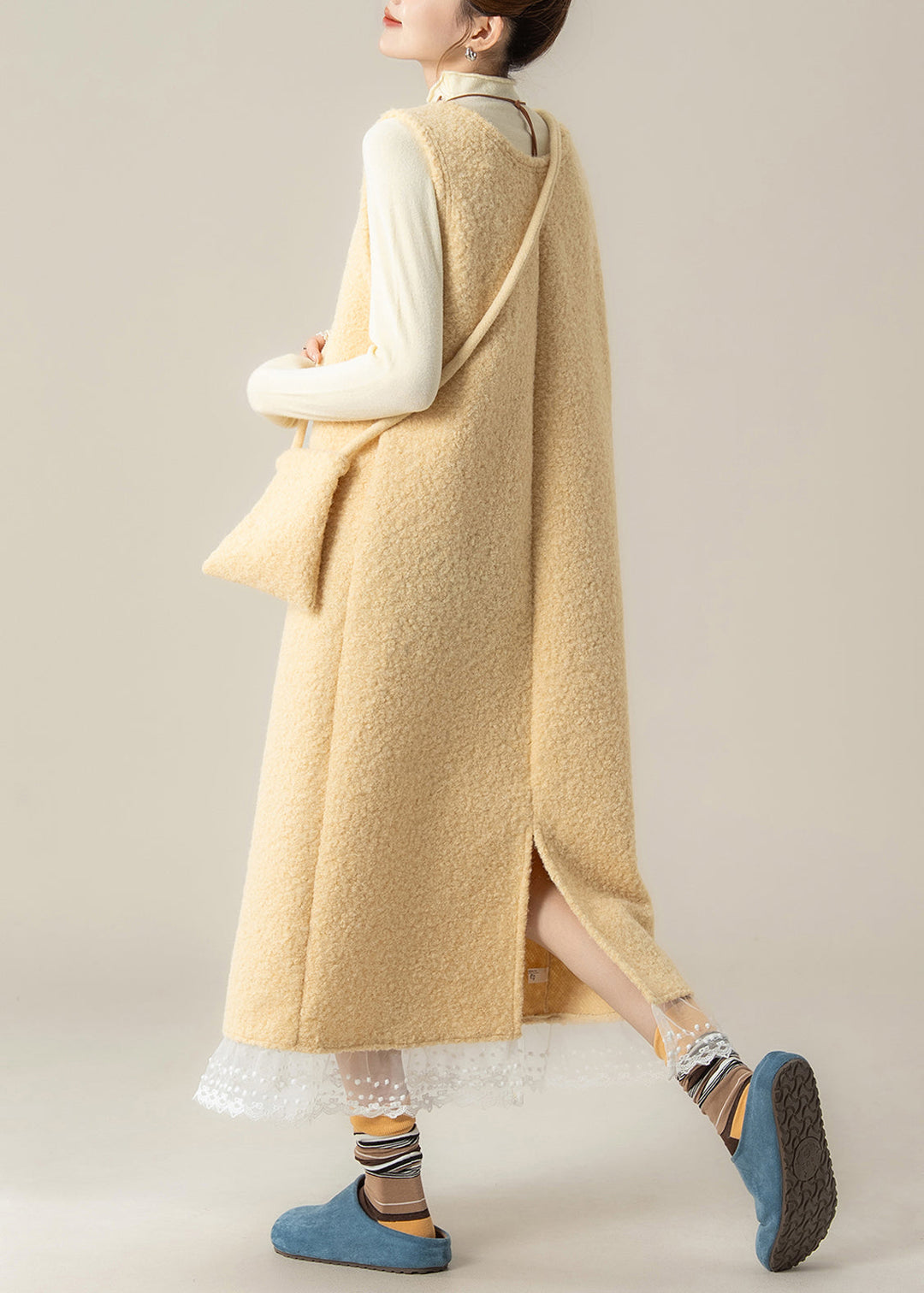 Slim Fit Yellow U Neck Back Side Open Lace Patchwork Woolen Two Pieces Set Fall