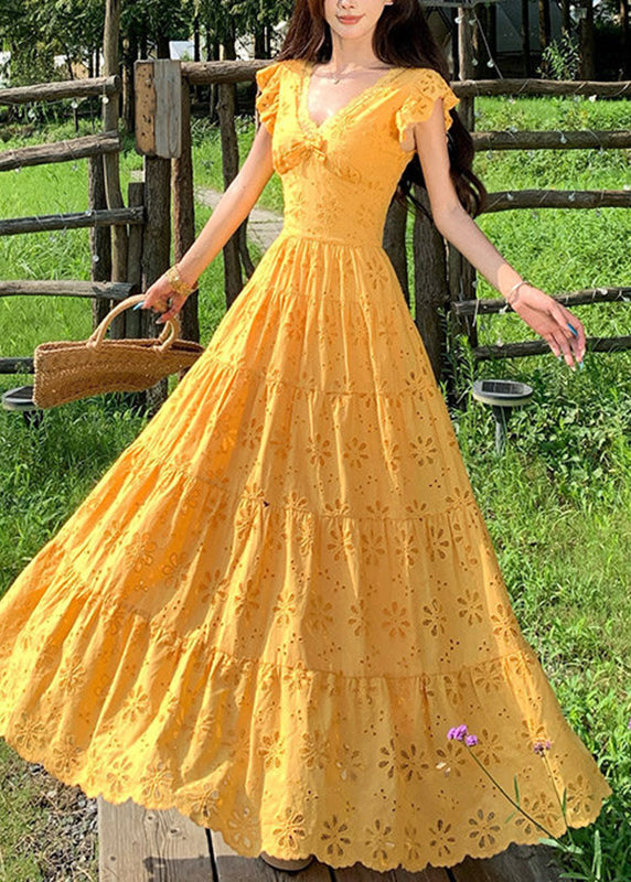 Slim Fit Yellow V Neck Flattering Maxi Dress Summer