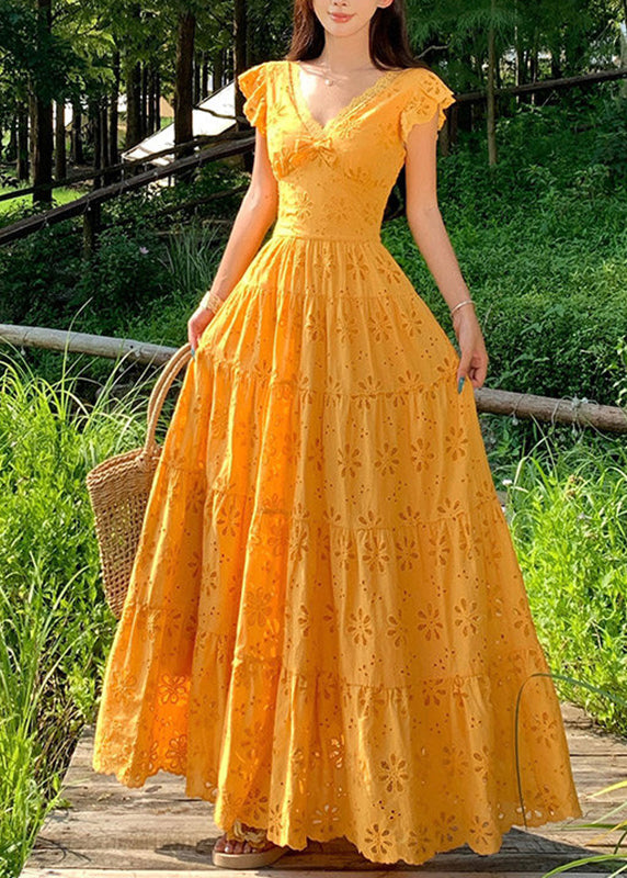 Slim Fit Yellow V Neck Flattering Maxi Dress Summer