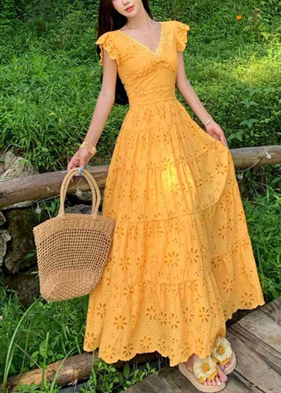 Slim Fit Yellow V Neck Flattering Maxi Dress Summer