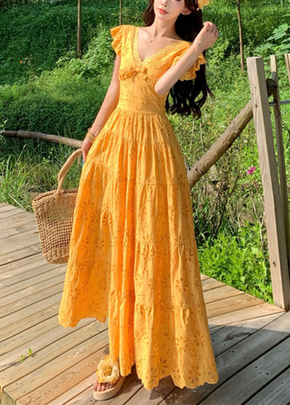 Slim Fit Yellow V Neck Flattering Maxi Dress Summer