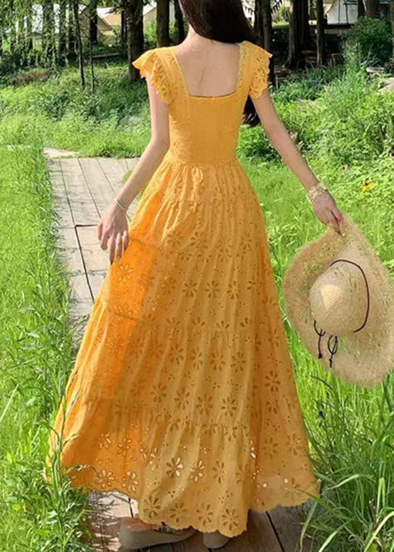 Slim Fit Yellow V Neck Flattering Maxi Dress Summer