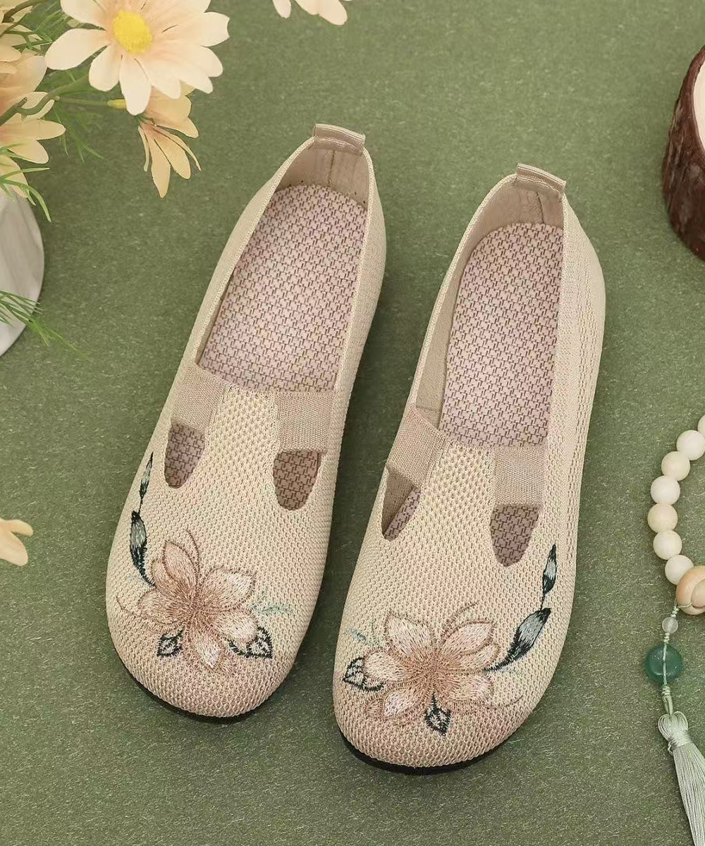 Soft Beige Embroidered Hollow Out Flat Shoes