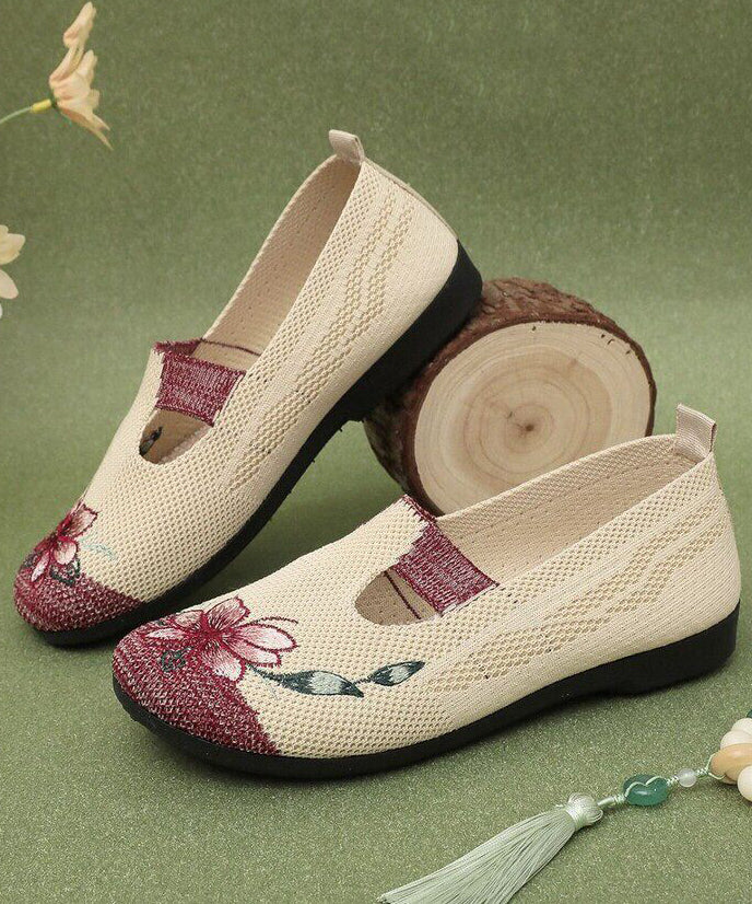 Soft Beige Embroidered Hollow Out Flat Shoes
